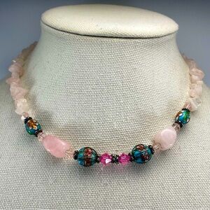Rose Quartz Cloisonné Flower Beaded Necklace Stunning Unsigned Gemstone Unique